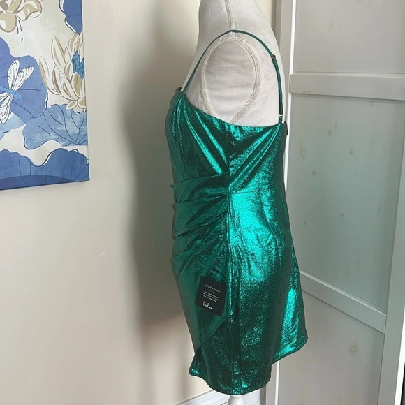 Lulus Always Envied Green Metallic Gathered Mini Dress - Size L - Picture 5 of 15